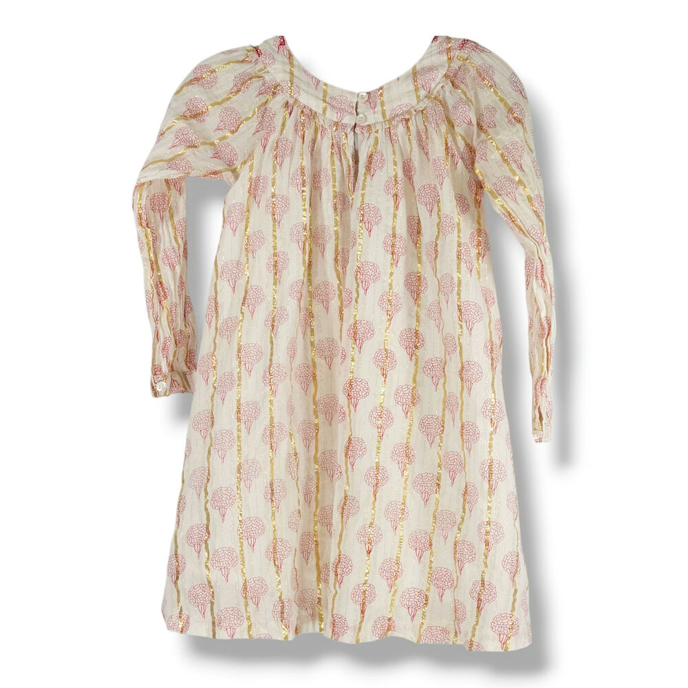 Almirah Girls Party‎ Dress Gold Foil Pink Floral Long Sleeve Lined Ivory Boho 8Y